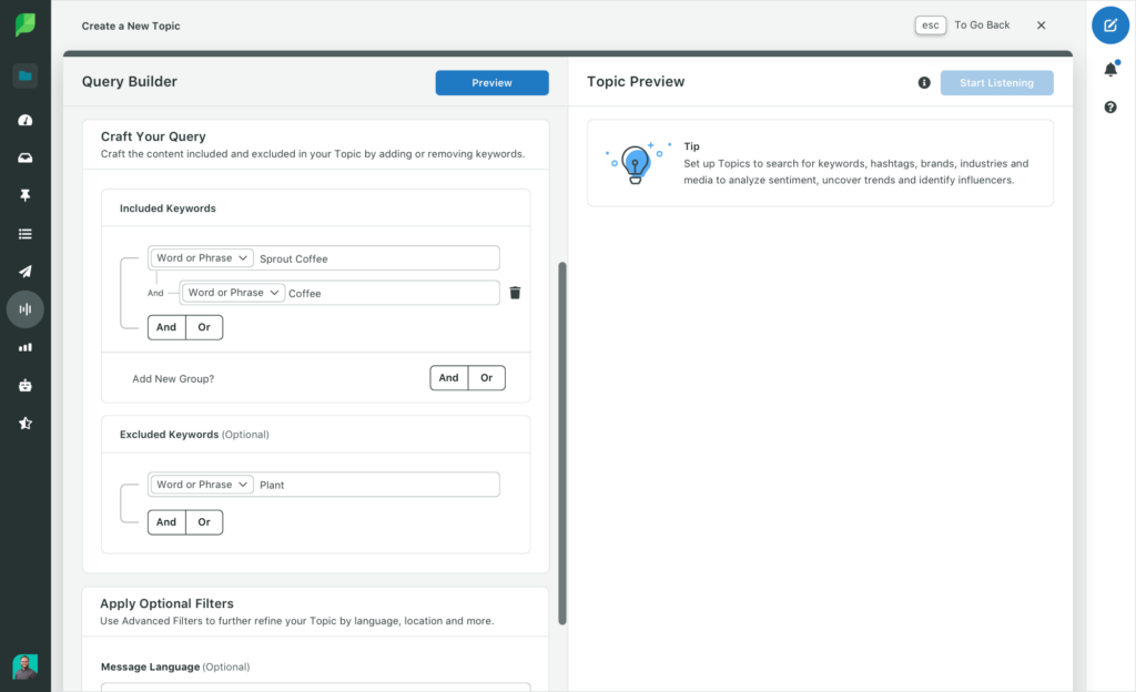 Uma captura de tela do Query Builder na solução Social Listening do Sprout.