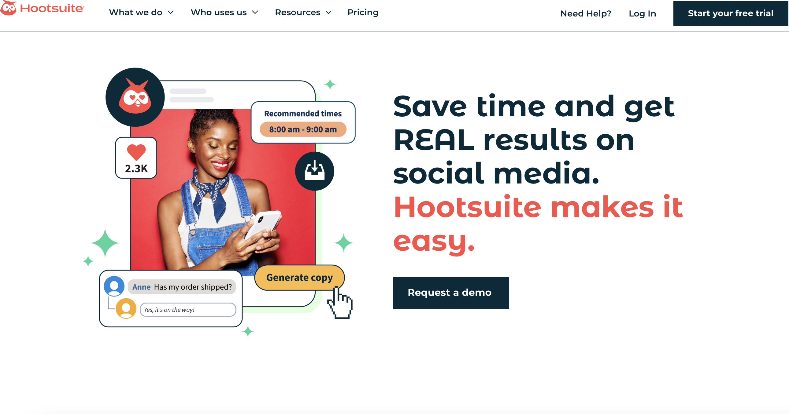 hootsuite 主頁顯示一位微笑的女士，周圍環繞著指標和功能的圖形表示，旁邊的文字寫著“節省時間並在社交媒體上獲得真實結果。Hootsuite 讓一切變得簡單。”