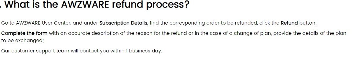 awzware refund process