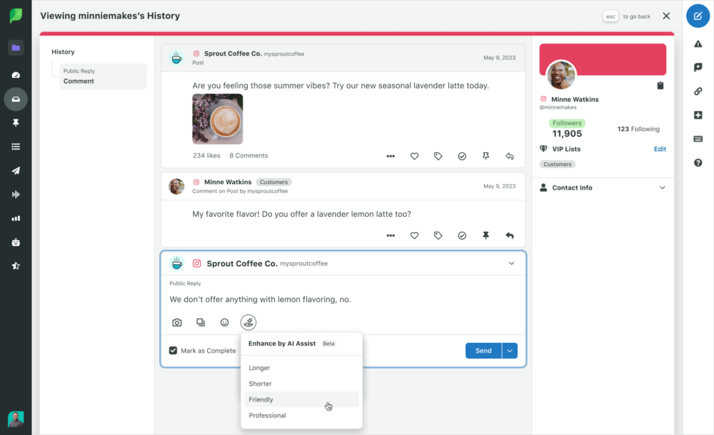 Sprout 中 AI 輔助功能的螢幕截圖。在這裡，這個人工智慧工具被用來透過選擇訊息的語氣來微調社交上的客戶服務回應。