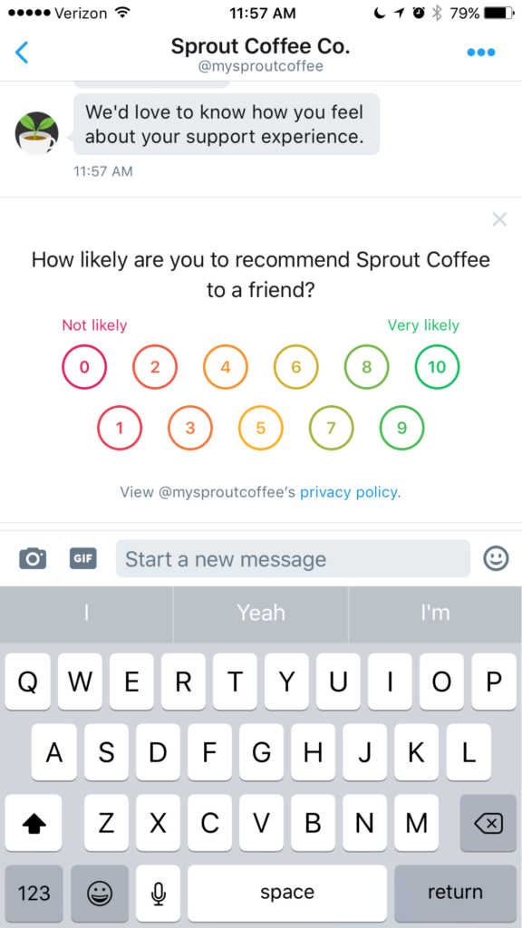 Sprout で構築できる顧客フィードバック調査のスクリーンショット。この調査では、顧客が友人に Sprout を勧める可能性がどの程度あるかについて投票するよう求められます。