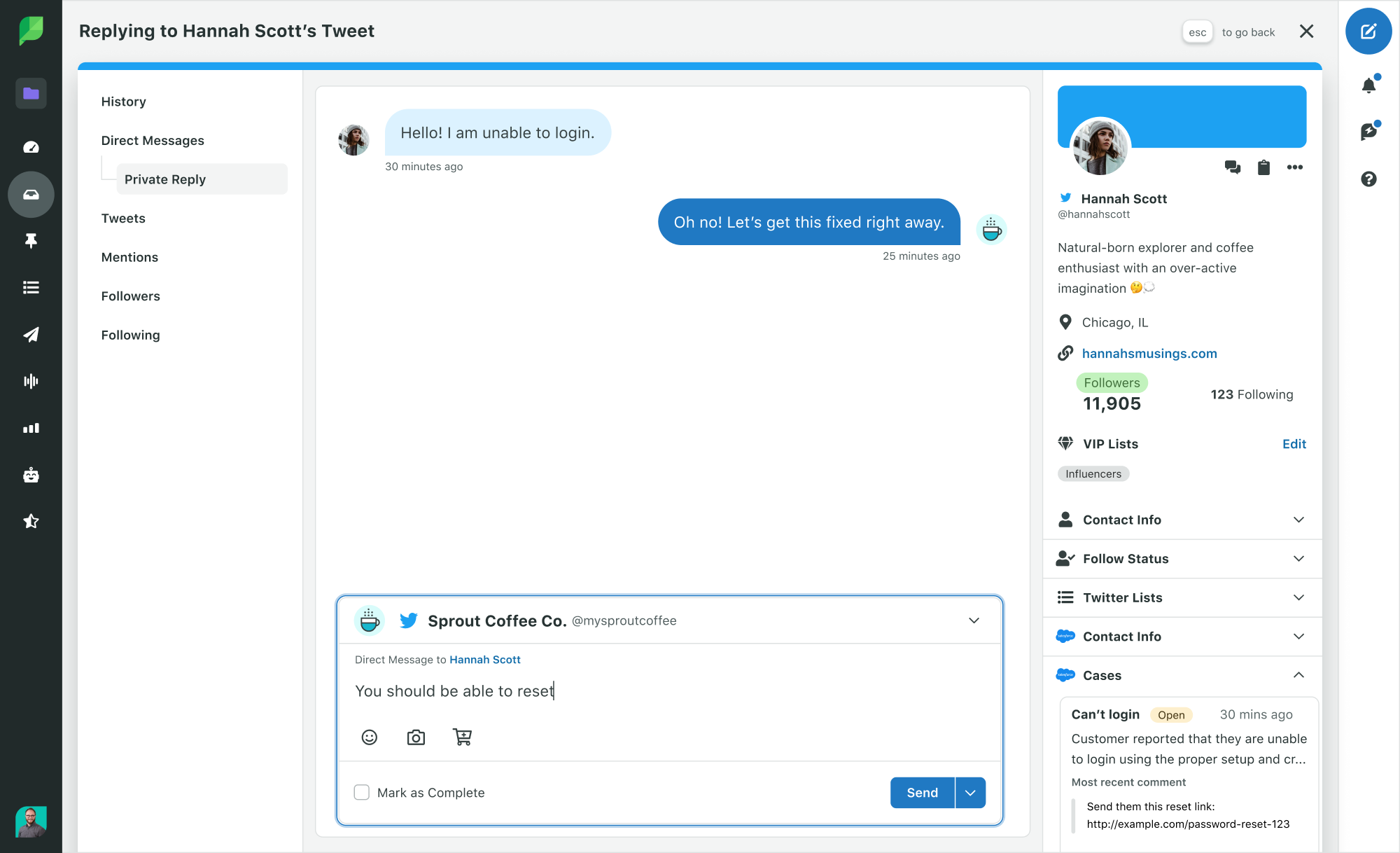 Uno screenshot dalla posta in arrivo di Sprout di un'interazione tra un utente X (ex Twitter) e un marchio. Sul lato destro dello schermo puoi vedere le informazioni Salesforce collegate dell'utente X, come i casi precedenti e le informazioni di contatto.