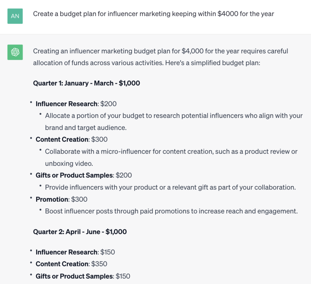 AI 工具使用 AI 提示產生的回應的螢幕截圖：“為影響者行銷制定年度預算計劃，將其保持在 4000 美元以內。”