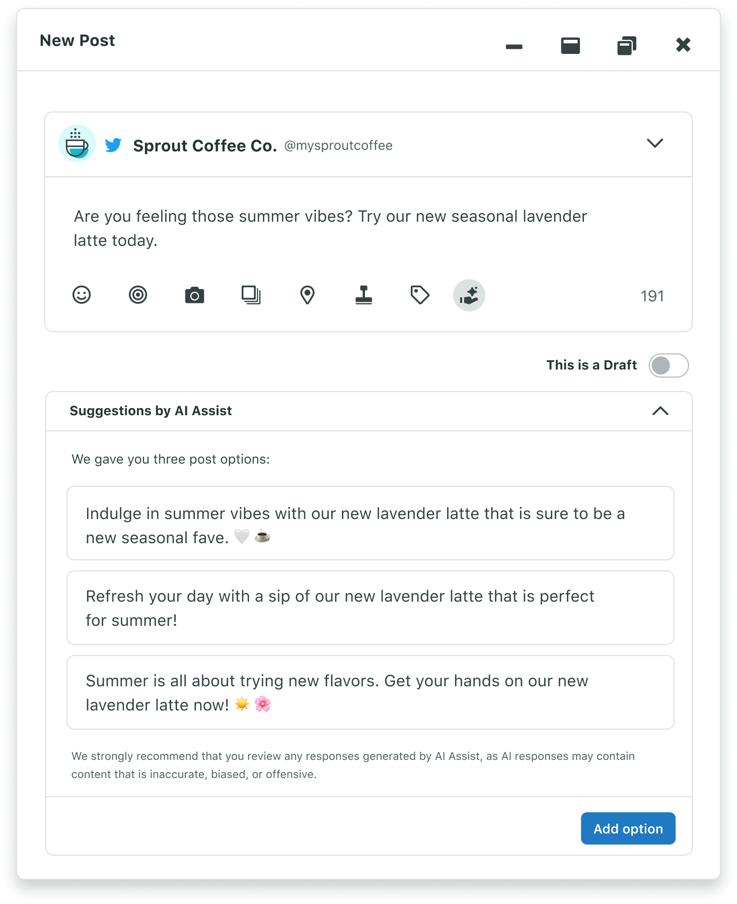 Sprout 的 AI Assist 建議功能的螢幕截圖，顯示該工具的內建提示邏輯如何根據您的提示產生三個貼文選項。在這種情況下，提示會顯示：您感受到夏日氣息了嗎？今天就來嚐嚐我們新推出的季節性薰衣草拿鐵吧。三個選項之一是“用我們的新薰衣草拿鐵享受夏日氛圍，這肯定會成為新的季節性最愛。”