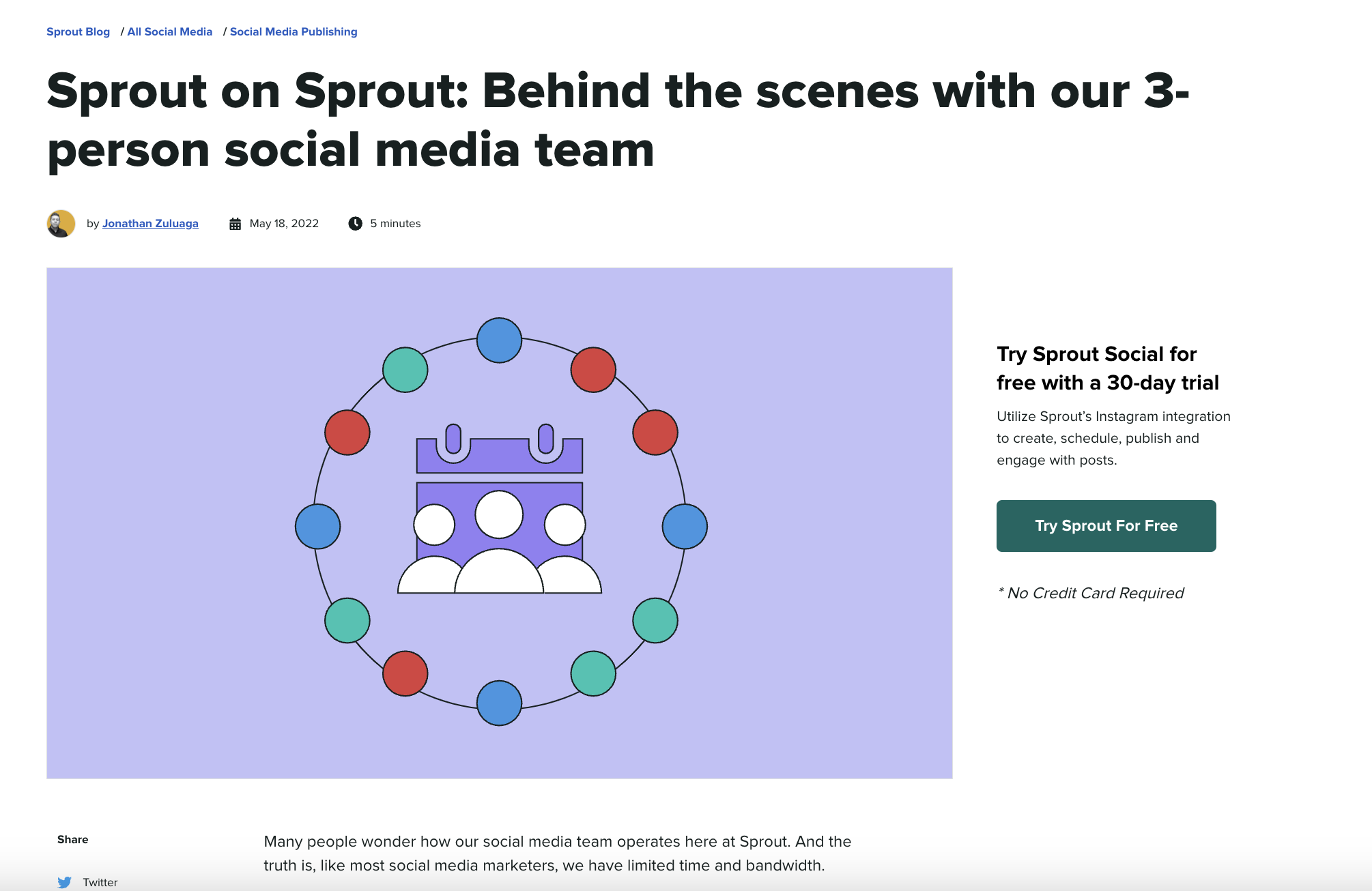 Insights 部落格文章，標題為「Sprout on Sprout：我們 3 人社群媒體團隊的幕後故事」。