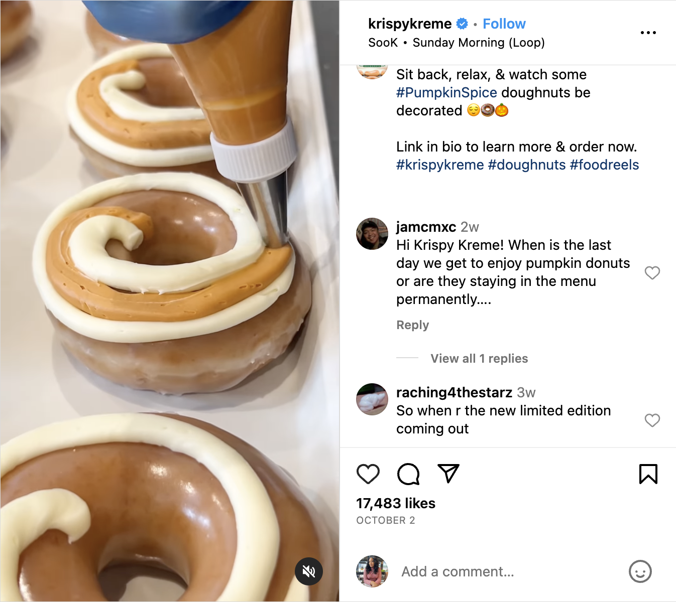 Krispy Kreme Instagram Reel 展示如何製作全新限量版南瓜香料甜甜圈。有一些評論詢問新產品的可用性。