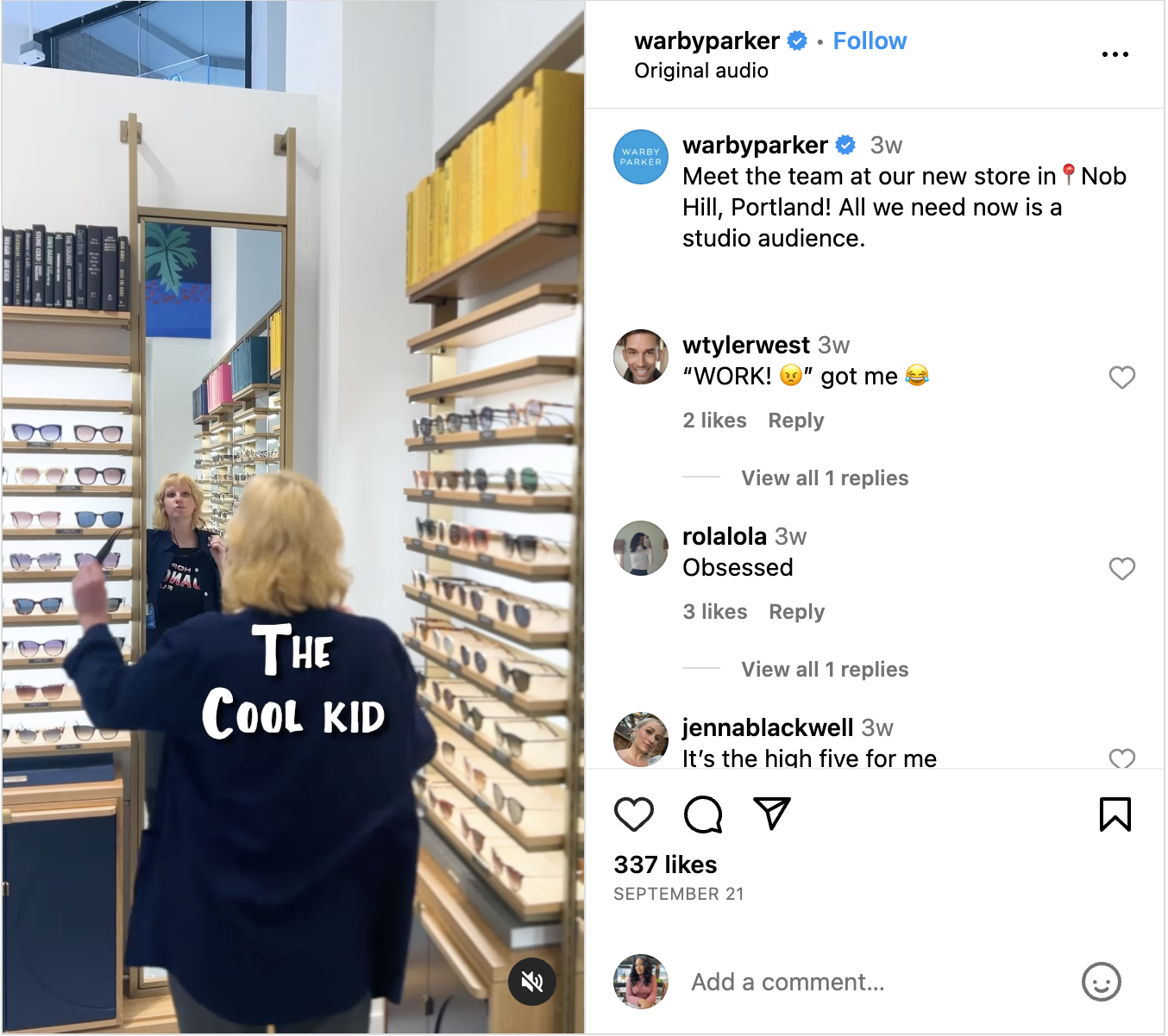 Warby Parker Instagram Reel 展示了他們的 Nob Hill 團隊模仿 90 年代情境喜劇主題曲的風格。這些評論反映了觀眾認為該影片很有趣。