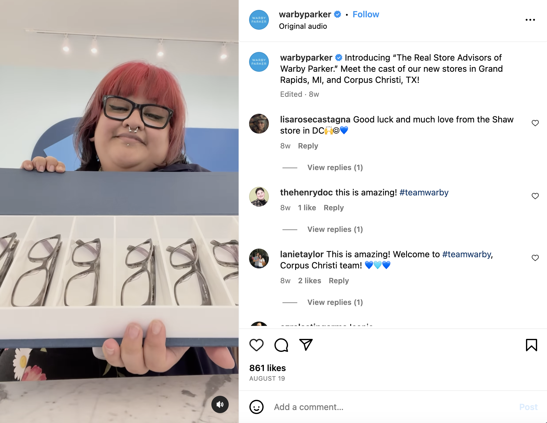 Warby Parker Instagram Reel 展示了他們的 Grand Rapids 團隊模仿 Real Housewives 系列的作品。這些評論反映了觀眾對影片的熱愛。