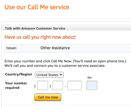 Screenshot des „Ruf mich“-Dienstes von Amazon