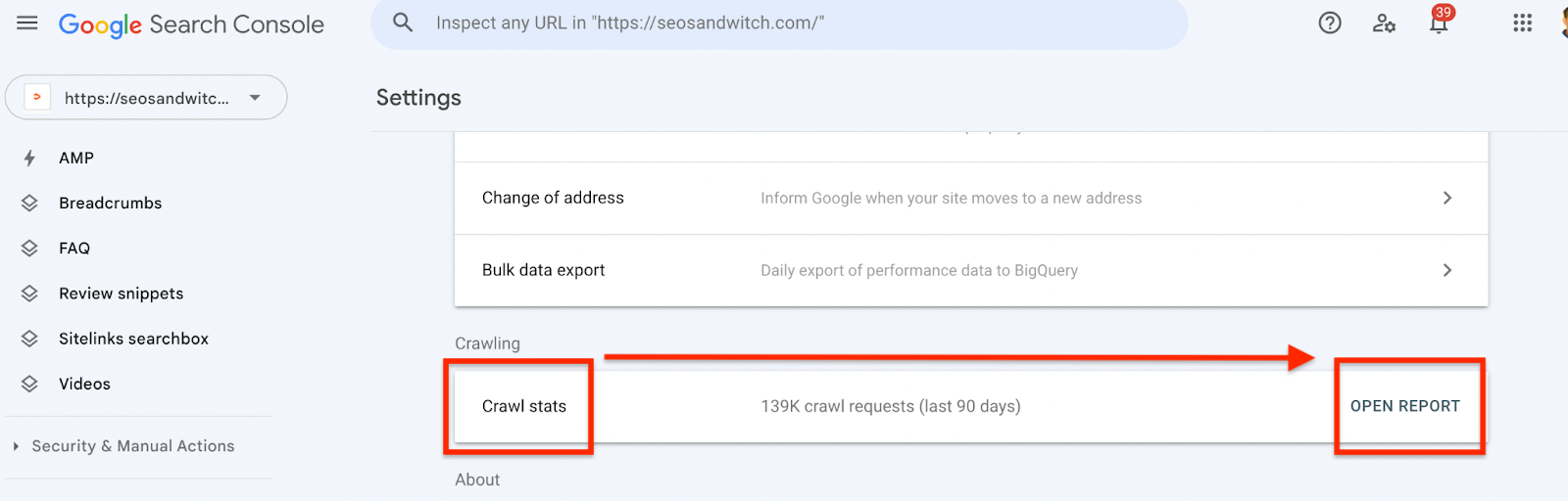 Statystyki indeksowania Google Search Console > Otwórz raport