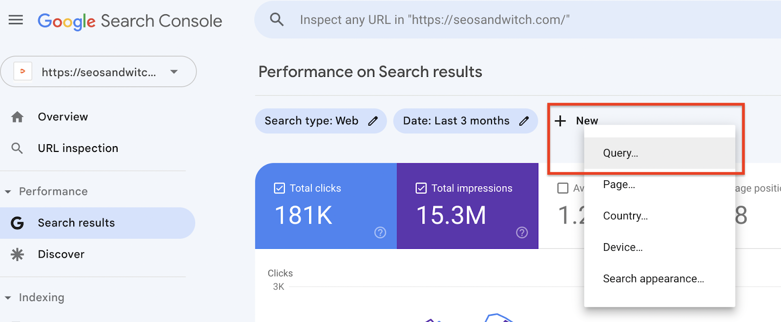 Google Search Console +Nowy > Zapytanie