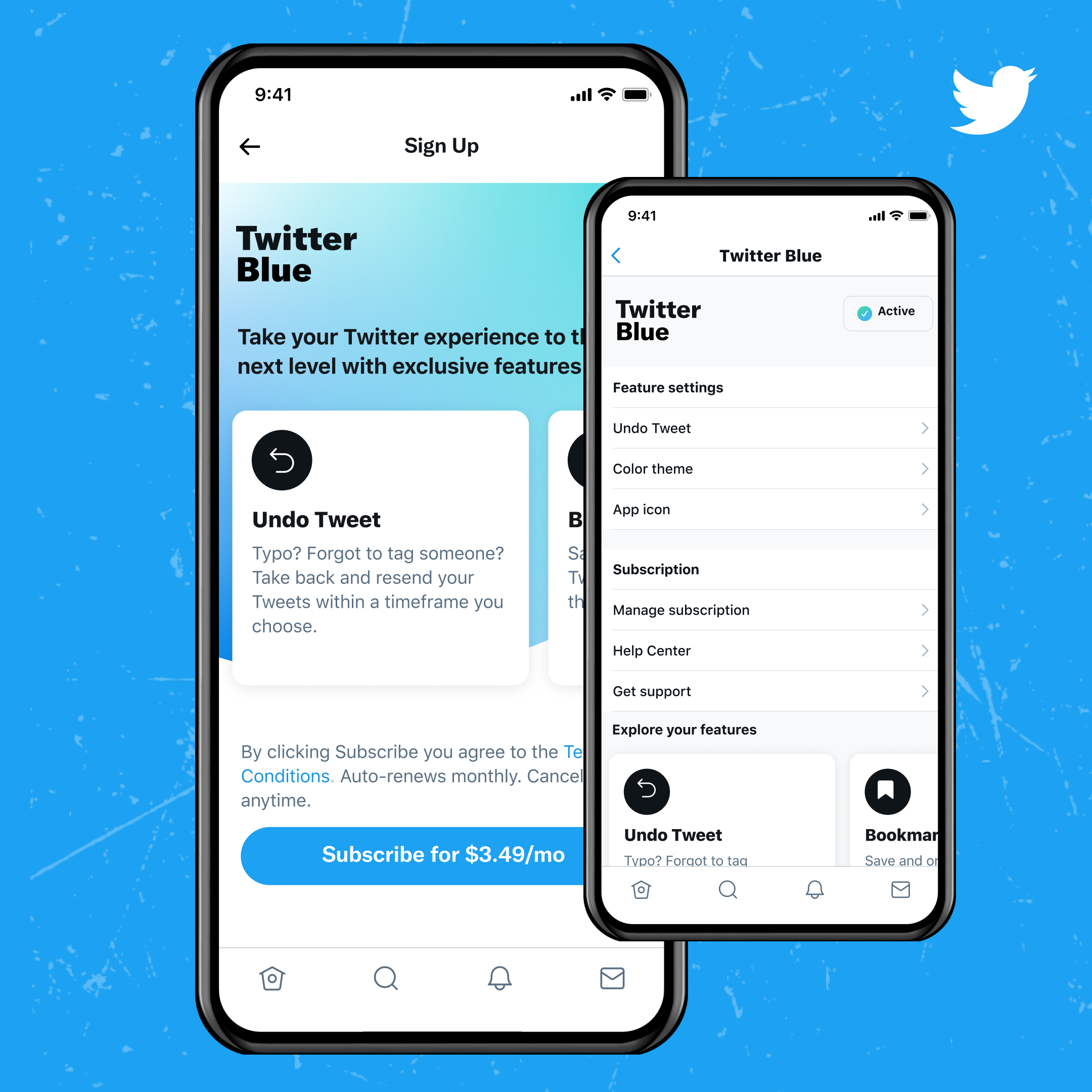 Twitter bleu affiché comme maquette sur un smartphone