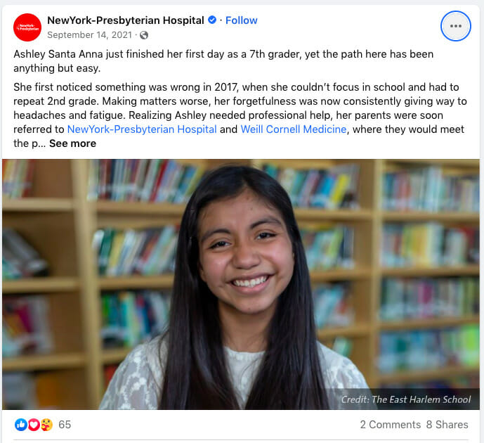 Publicación de Facebook del New York Presbyterian Hospital sobre Ashley Santa Anna