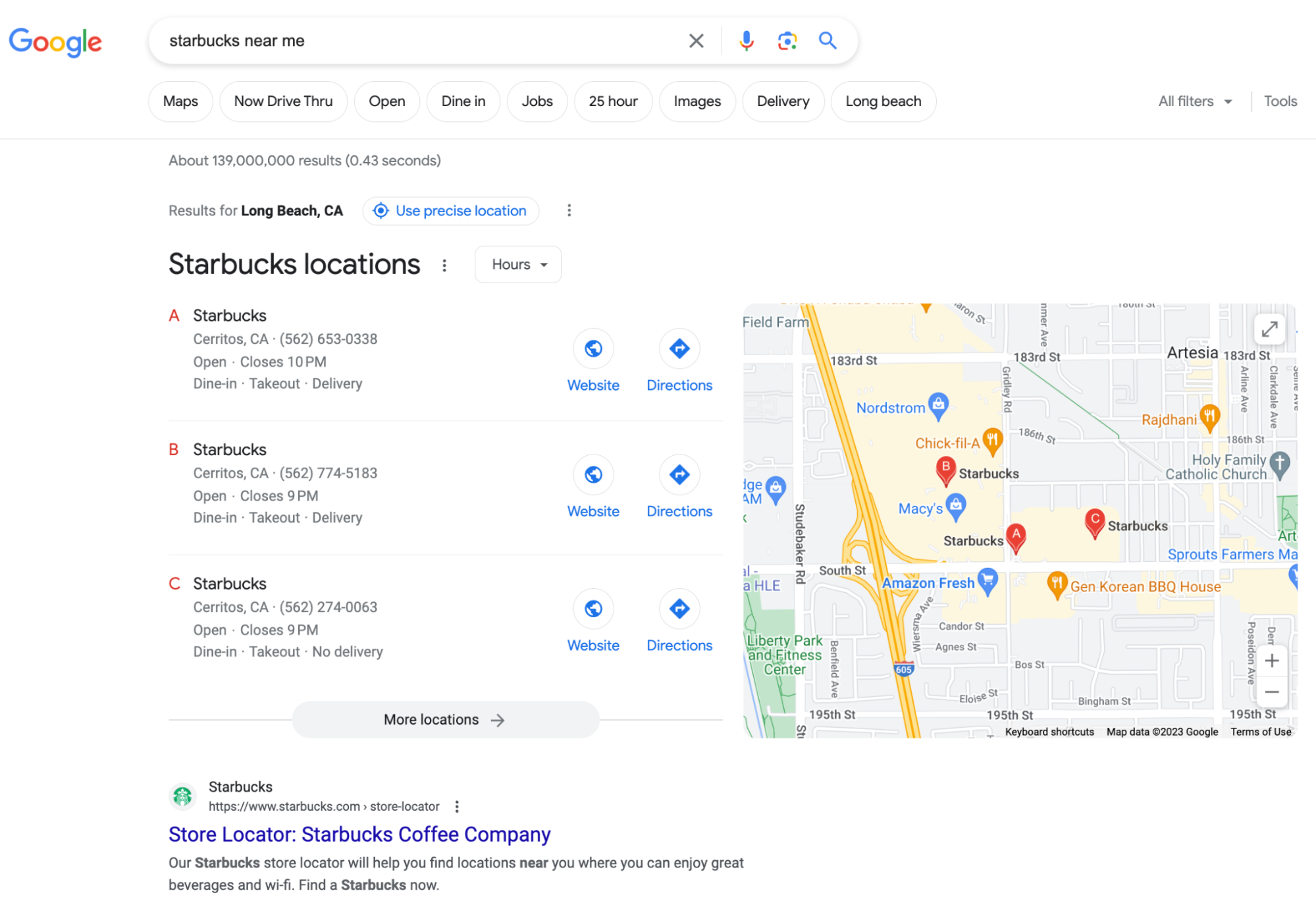 captura de tela dos resultados SERPs do Google para "starbucks perto de mim"