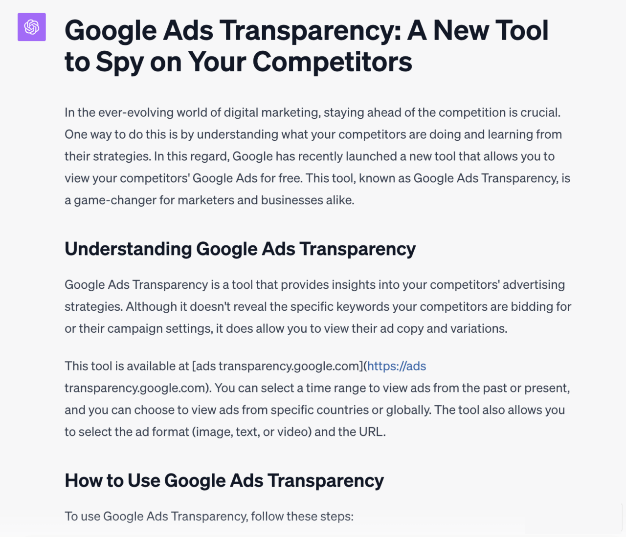 Postare de blog ChatGPT Google Ads Transparency din podcast