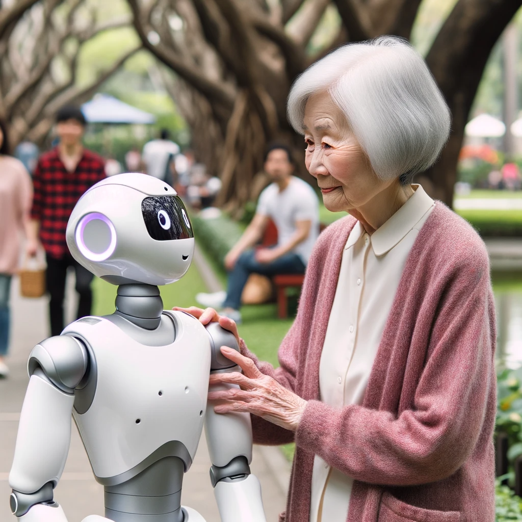 Image générée par DALL·E d'une femme conversant avec un robot IA