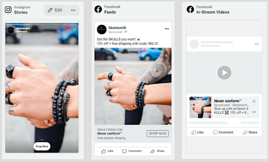 Exemples de médias FB Ads (histoires, flux, vidéos InStream)