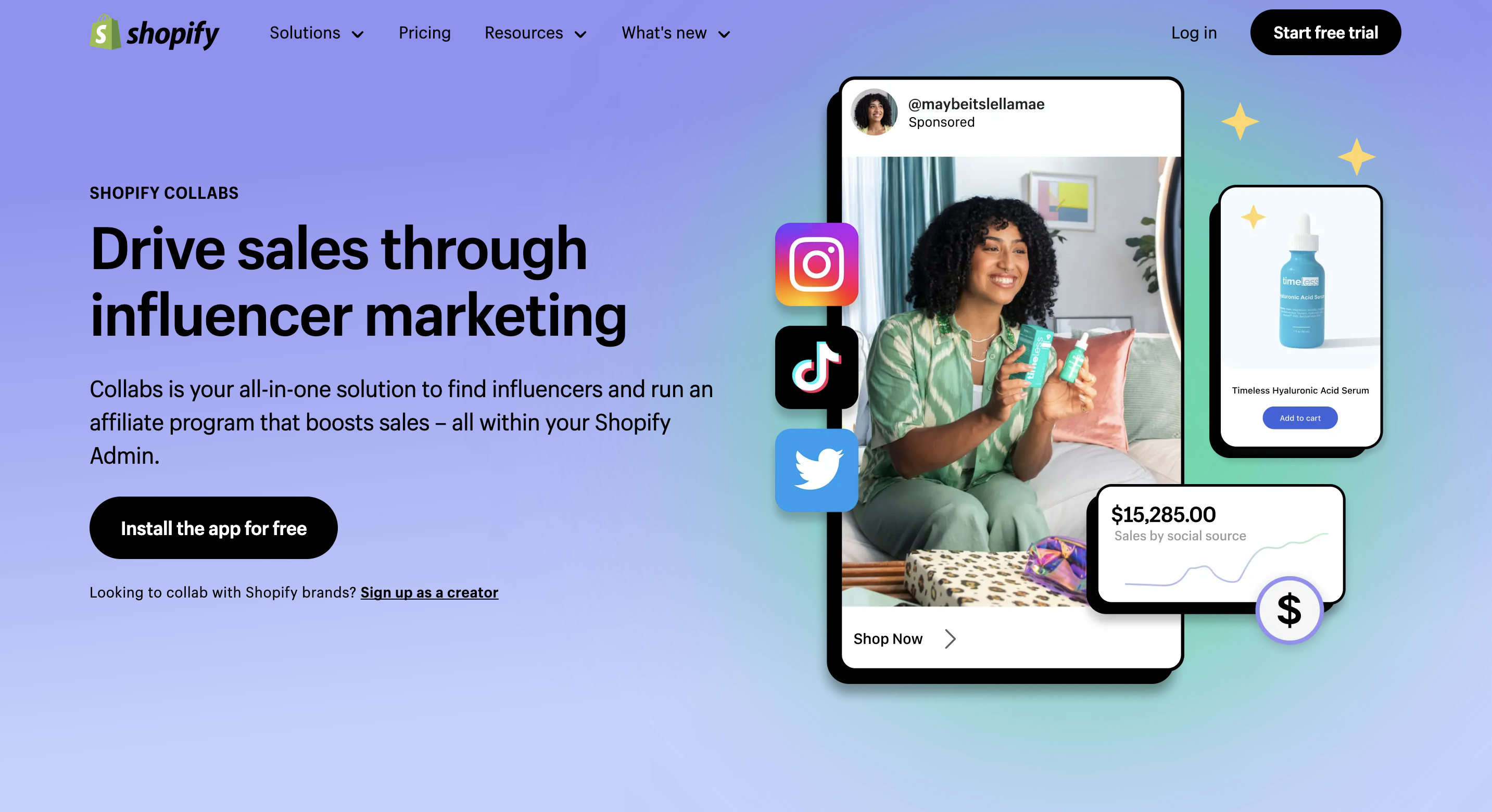 Zrzut ekranu witryny internetowej platformy marketingu influencerów Shopify Collabs