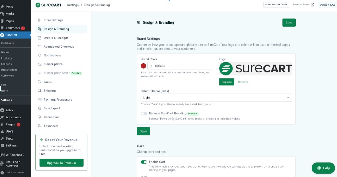 SureCart Review- Brand and notification configuration