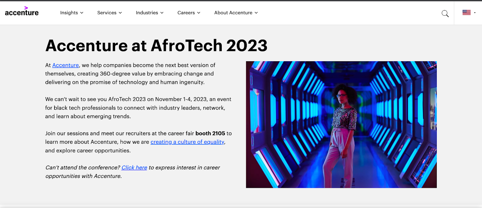 Zrzut ekranu ze strony internetowej Accenture „Accenture na AfroTech 2023”.