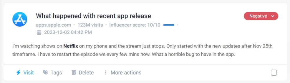 Brand24 工具偵測到應用程式商店負面評論