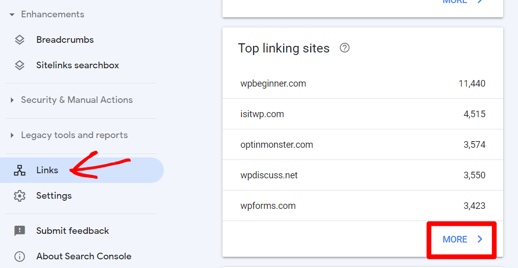 Bericht zu den am häufigsten verlinkten Websites in der Search Console