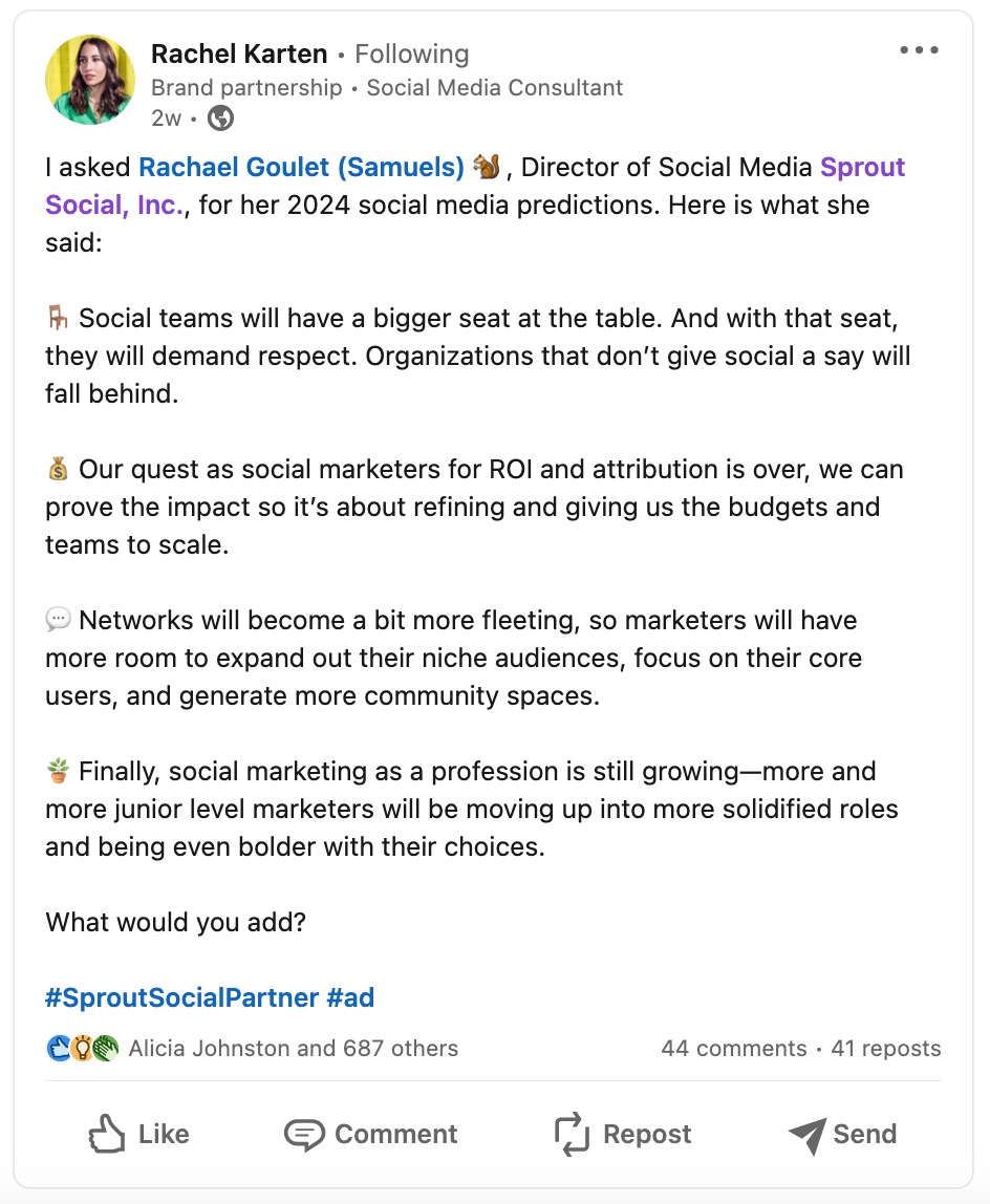 소셜 미디어 컨설턴트 Rachel Karten의 LinkedIn 게시물 스크린샷. 해당 게시물은 Sprout Social과 함께 진행한 인플루언서 마케팅 캠페인의 일환입니다. 게시물에는 #SproutSocialPartner 및 #Ad 라벨이 지정되어 있습니다.