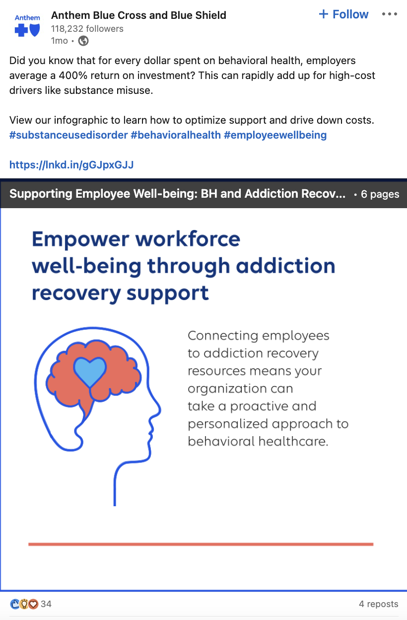 Postingan LinkedIn dari Anthem Blue Cross dan Blue Shield tentang manfaat investasi dalam program kesehatan dan pemulihan perilaku bagi perusahaan.