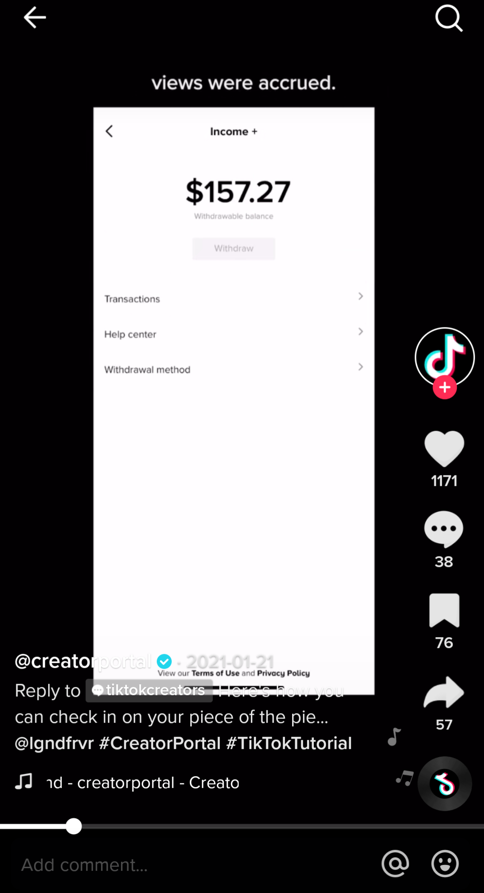 tiktok 크리에이터 펀드 지급 대시보드