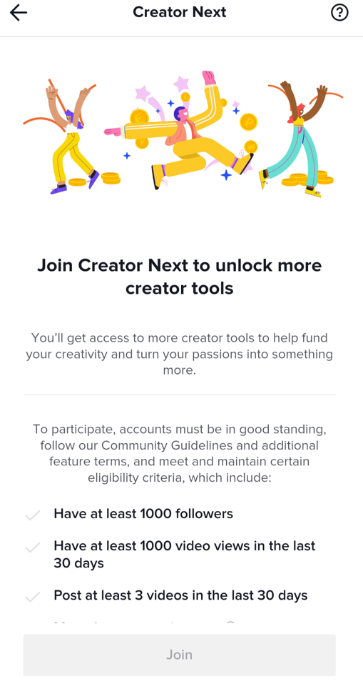 TikTok Creator Next 요구 사항의 스크린샷.