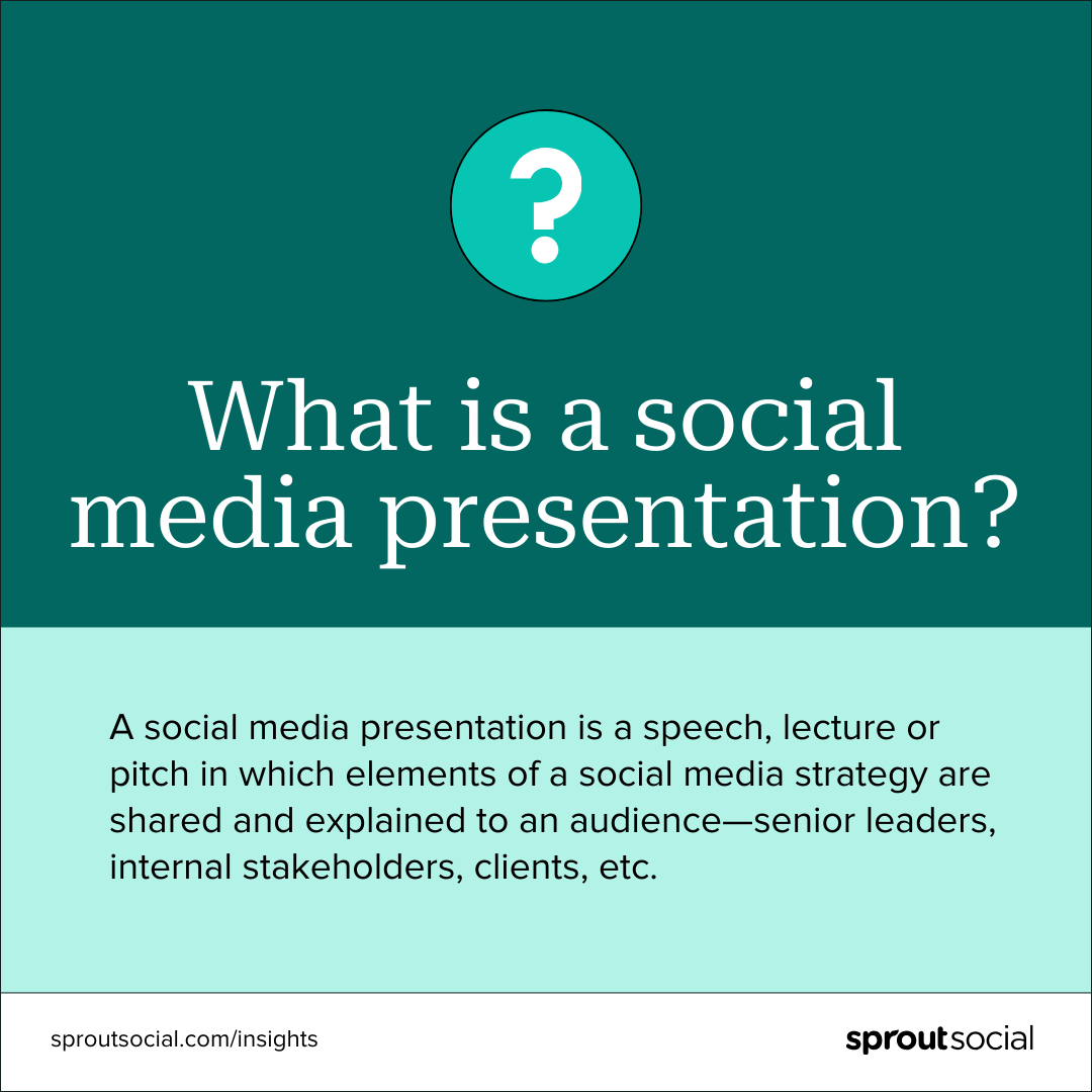 Un gráfico basado en texto que dice: "¿Qué es una presentación en redes sociales? Una presentación en redes sociales es un discurso, conferencia o discurso en el que se comparten y explican elementos de una estrategia de redes sociales a una audiencia: líderes sénior, partes interesadas internas, clientes, etc."