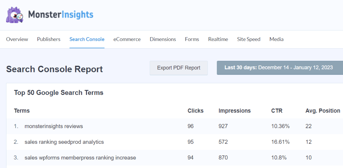 Laporan Konsol Pencarian MonsterInsights