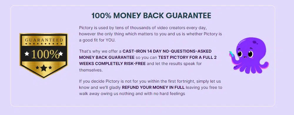 Money Back Guarantee- Pictory Pricing