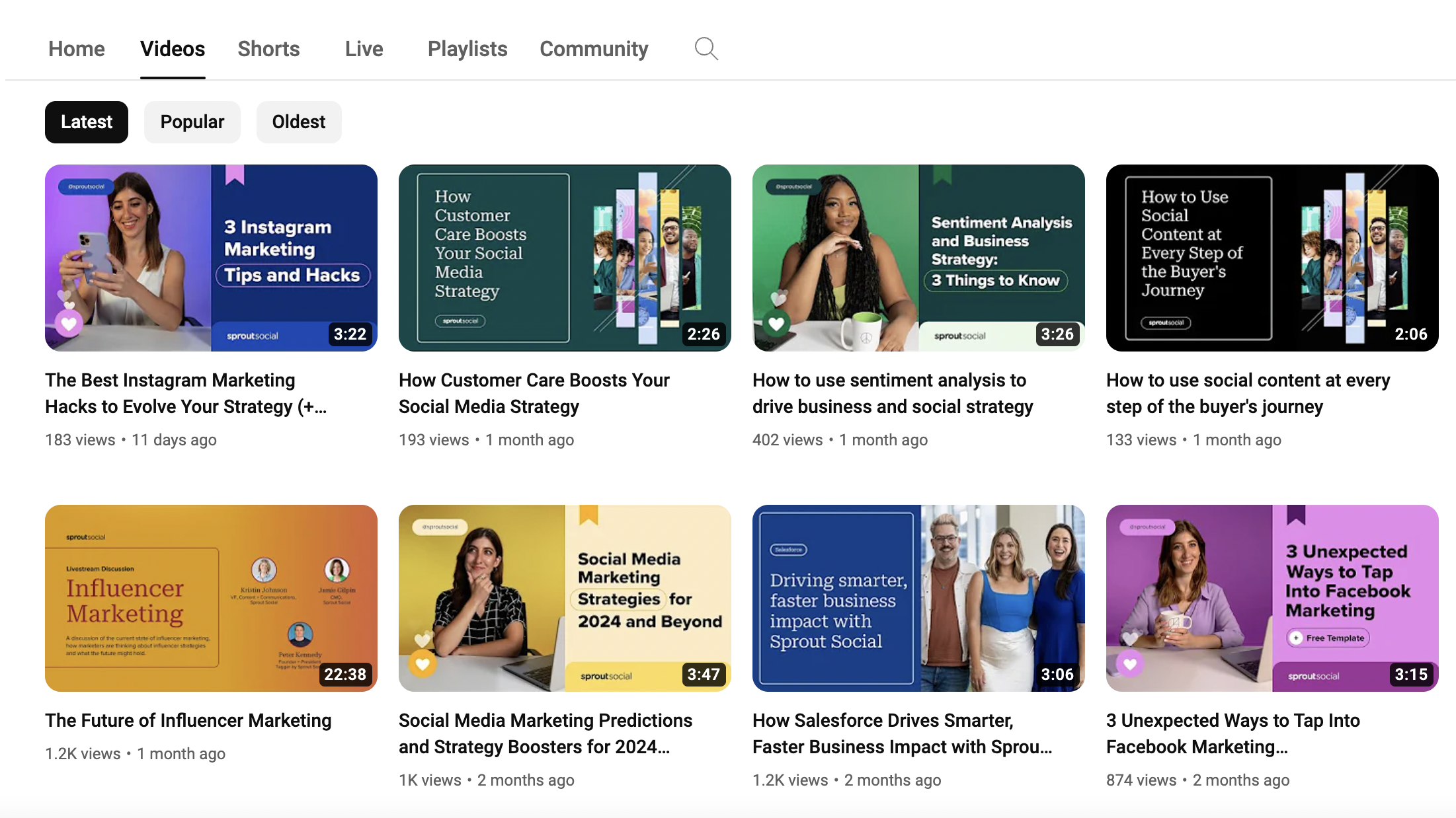Screenshot della pagina dei video YouTube di Sprout che mostra gli otto video più recenti.
