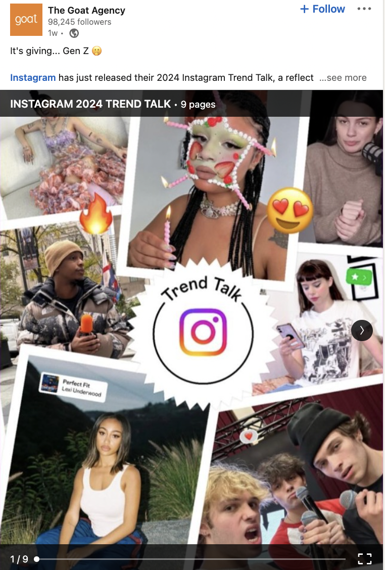 젊은 사람들의 여러 사진과 "Trend Talk"라는 Instagram 로고가 포함된 텍스트 오버레이를 보여주는 The Goat Agency의 LinkedIn 게시물