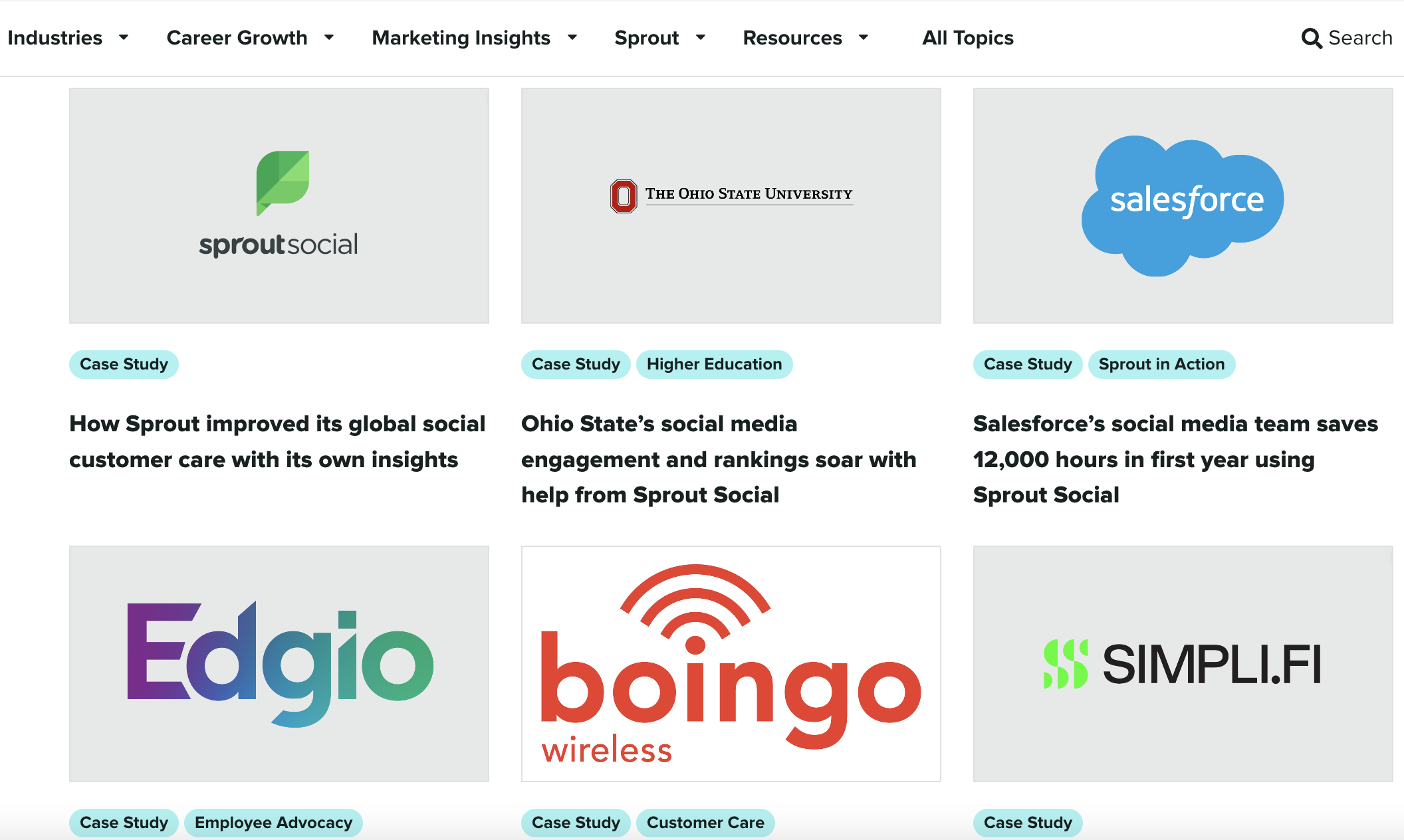 Die Fallstudien-Homepage von Sprout zeigt 6 aktuelle Fallstudien von Sprout-Benutzern