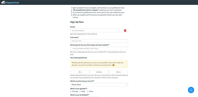 Inscreva-se como testador de jogos - exame PlaytestCloud