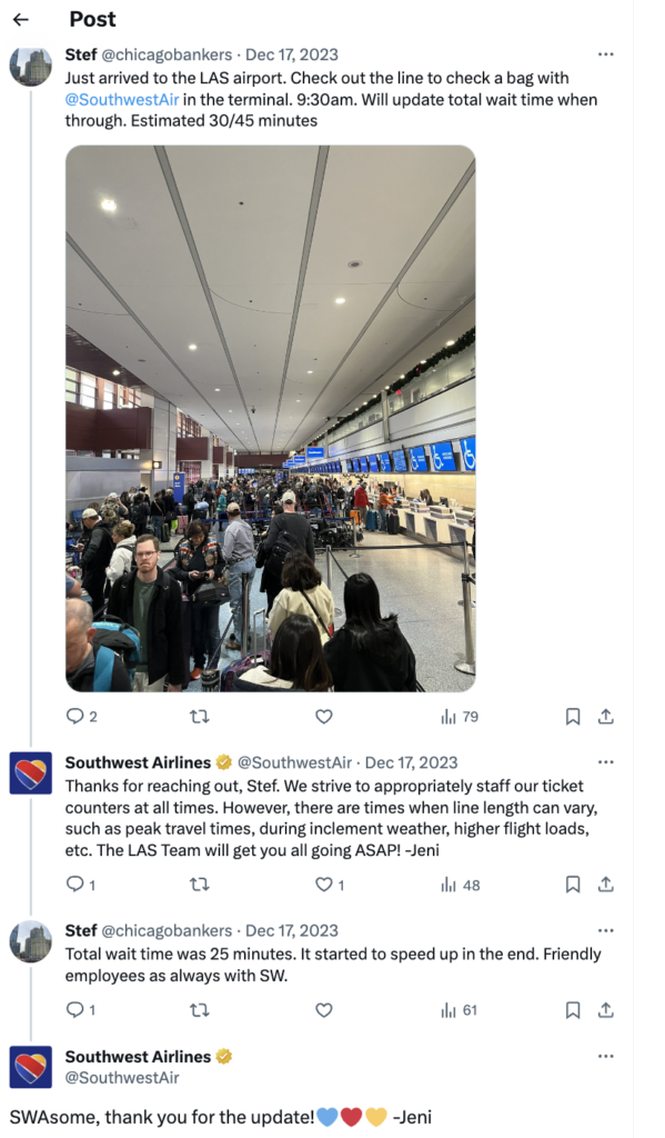 Ein sozialer Beitrag über eine Kundendienstinteraktion auf X, ehemals Twitter, zwischen dem Supportteam von Southwest Airlines und einem Kunden.