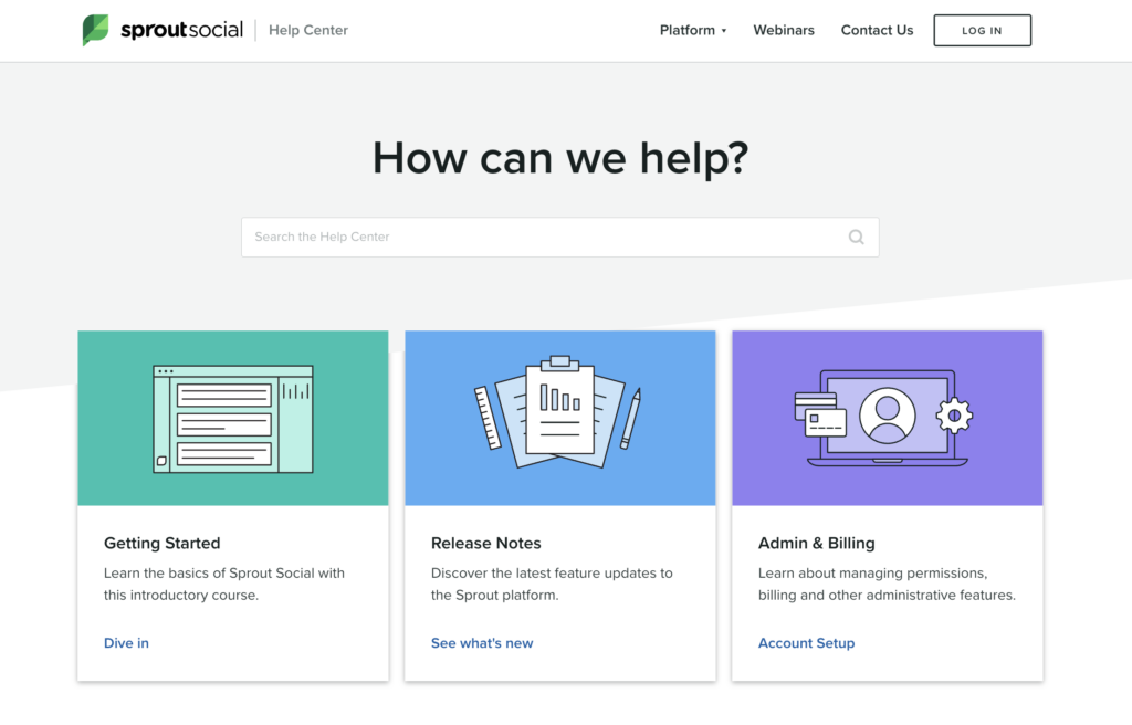 Sprout のヘルプ センターのスクリーンショット。ユーザーは、開始方法、リリース ノート、管理者権限、請求などに関する情報を入手できます。