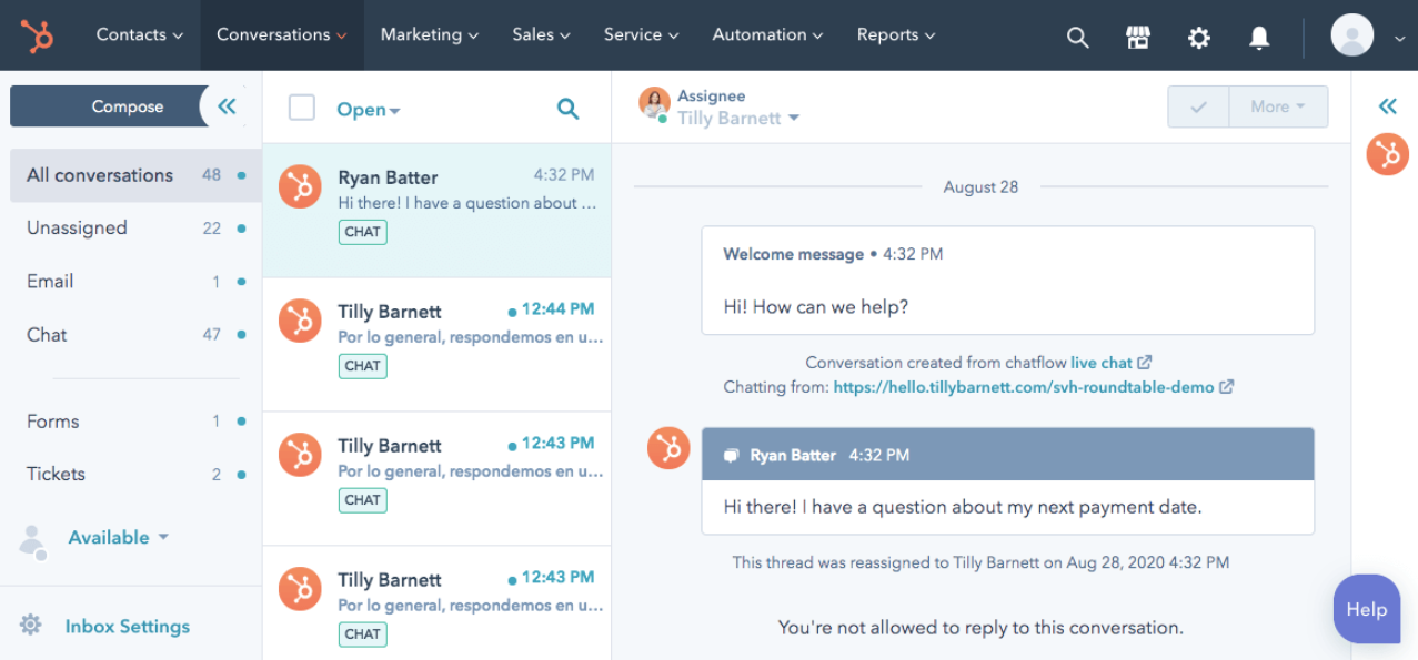 Screenshot dell'hub del servizio clienti HubSpot.