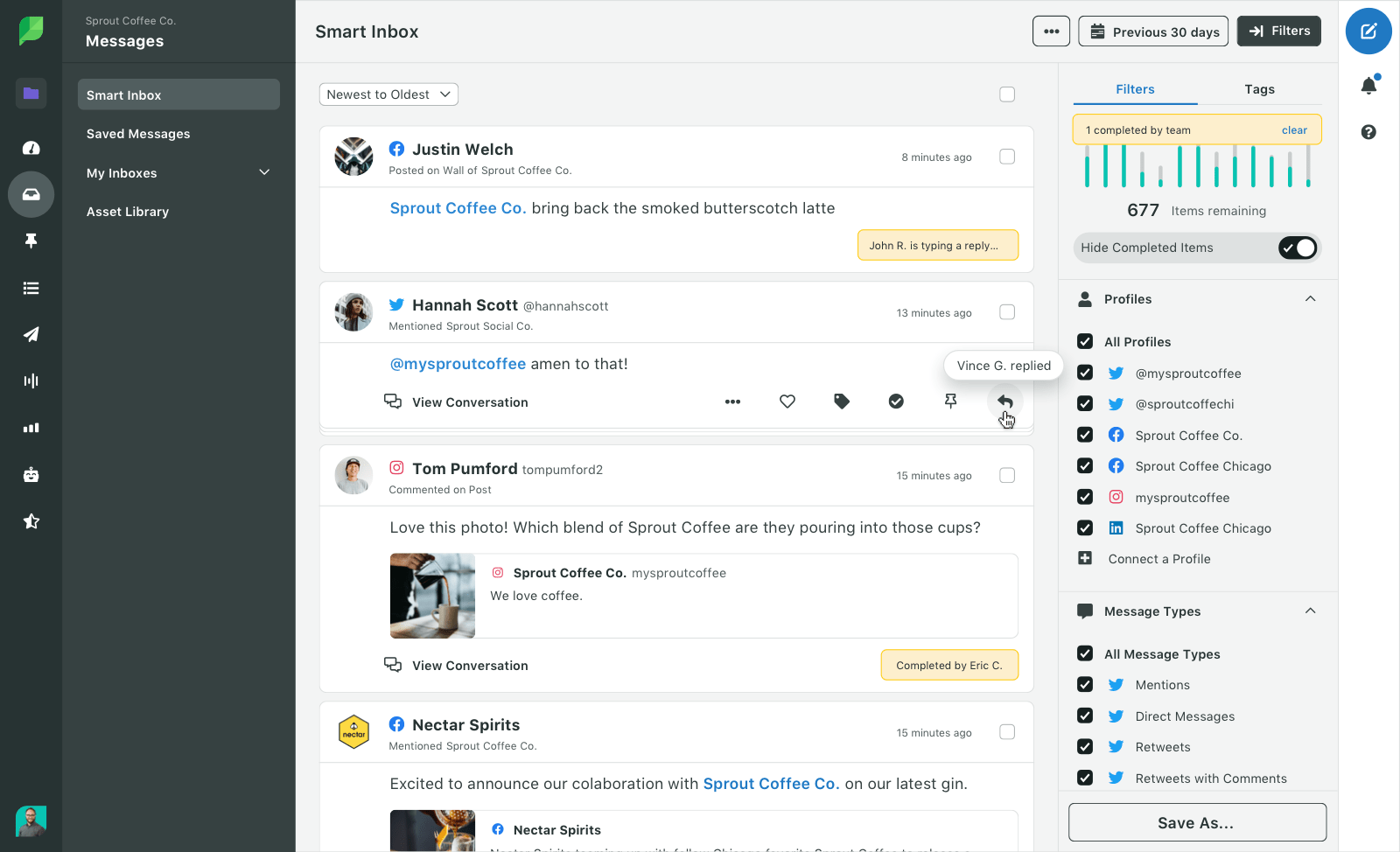 Screenshot della funzione di rilevamento delle collisioni di Sprout Social Smart Inbox, che mostra quando un altro agente è attivo o ha completato un messaggio.