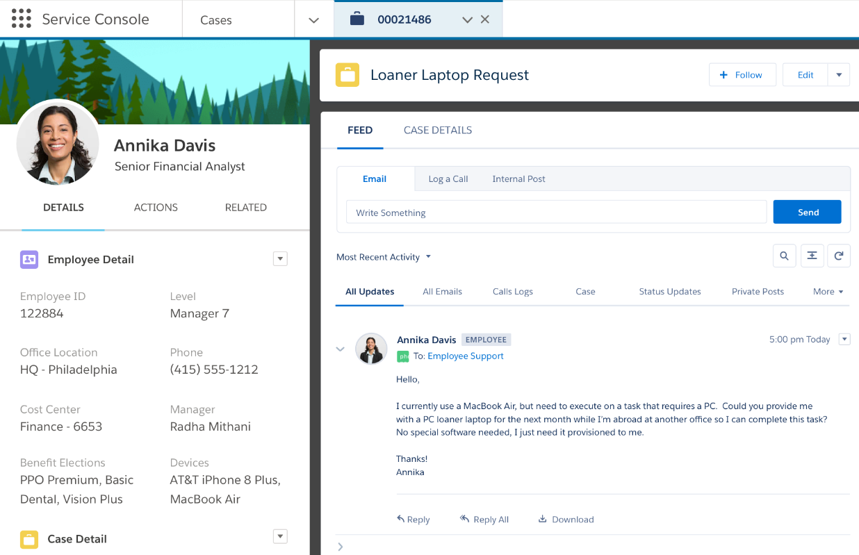 ภาพหน้าจอของเครื่องมือบริการลูกค้าของ Salesforce