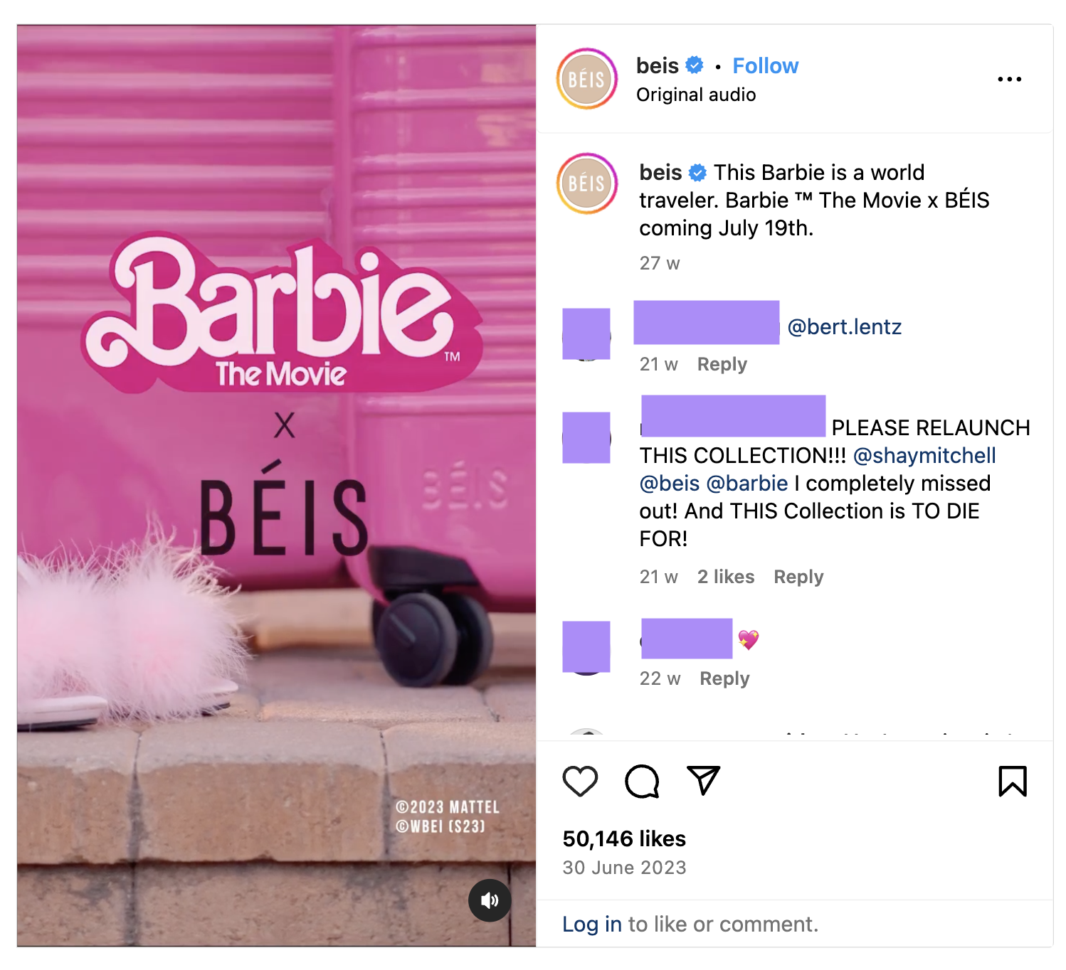 Post od firmy Beis promujący kolekcję bagaży Barbie The Movie x BEIS.