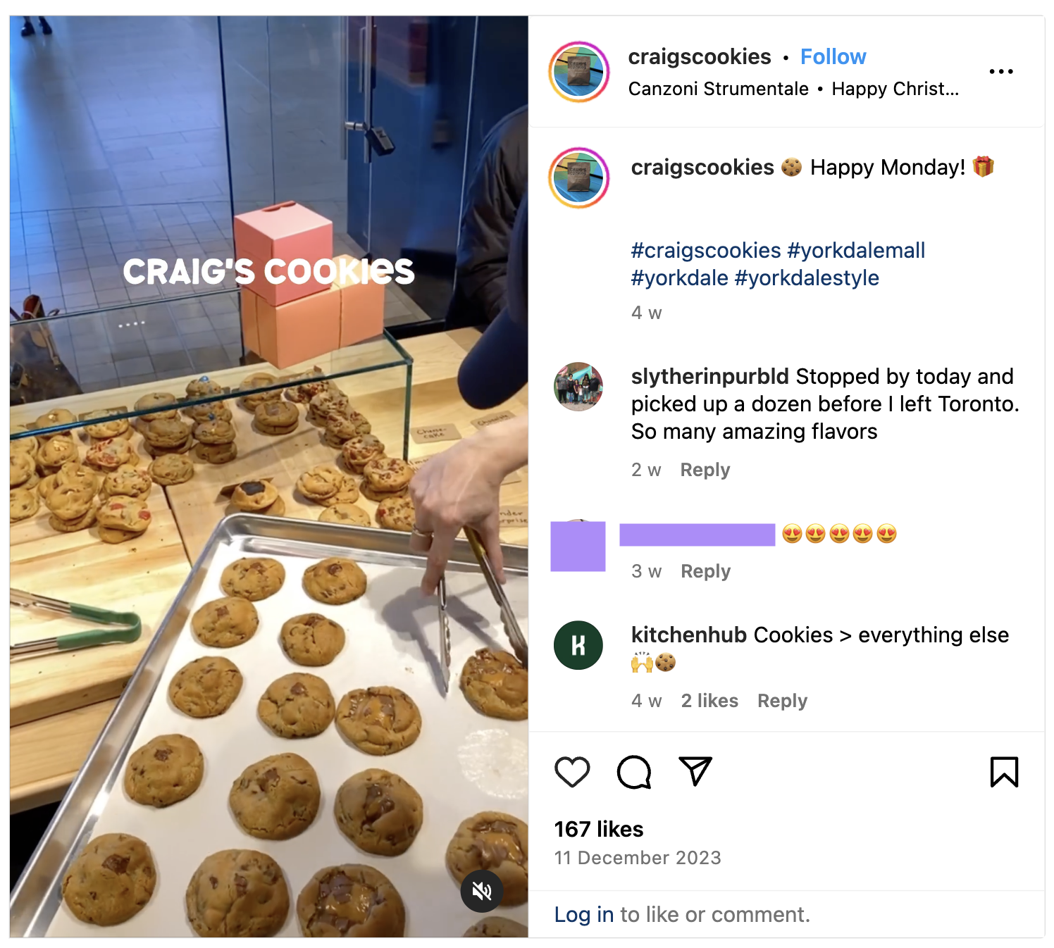 Post z Craig's Cookies zawierający pozytywne komentarze klientów.