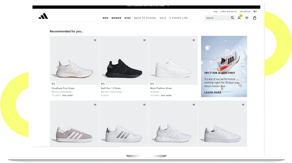 Exemplu de utilizare a personalizării site-ului Adidas