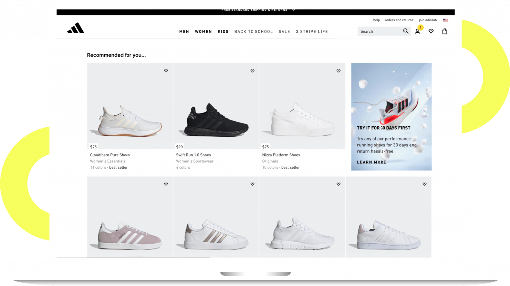 Exemplu de modul în care Adidas utilizează Smart Recommender și Category Optimizer bazat pe inteligență artificială