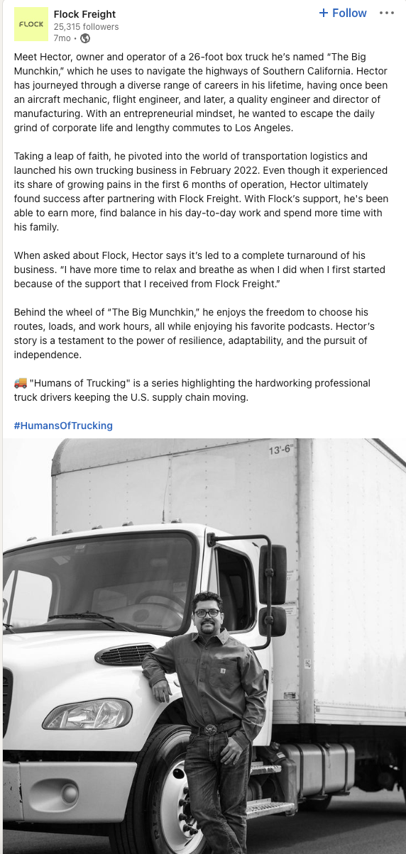 Tangkapan layar postingan Flock Freight di LinkedIn yang menampilkan Hector, pemilik dan operator truk boks bernama "Big Munchkin". Postingan tersebut memuat gambar hitam putih Hector di depan truknya.