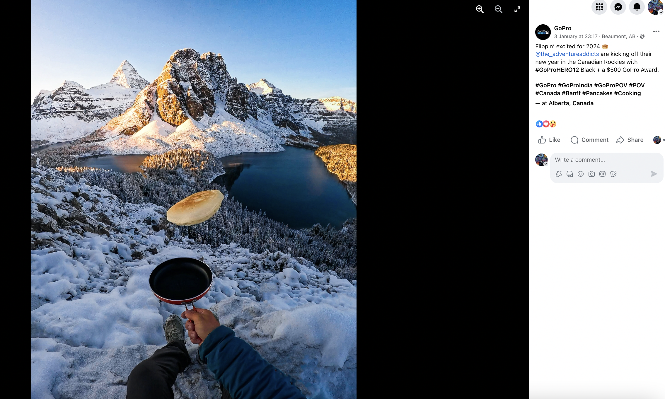 Postingan Facebook GoPro yang menampilkan seseorang sedang membalik pancake dengan latar belakang gunung bersalju dengan teks yang bertuliskan "Flippin' bersemangat untuk tahun 2024 @the_adventureaddicts memulai tahun baru mereka di Pegunungan Rocky Kanada dengan #GoProHERO12 Black + Penghargaan GoPro senilai $500"