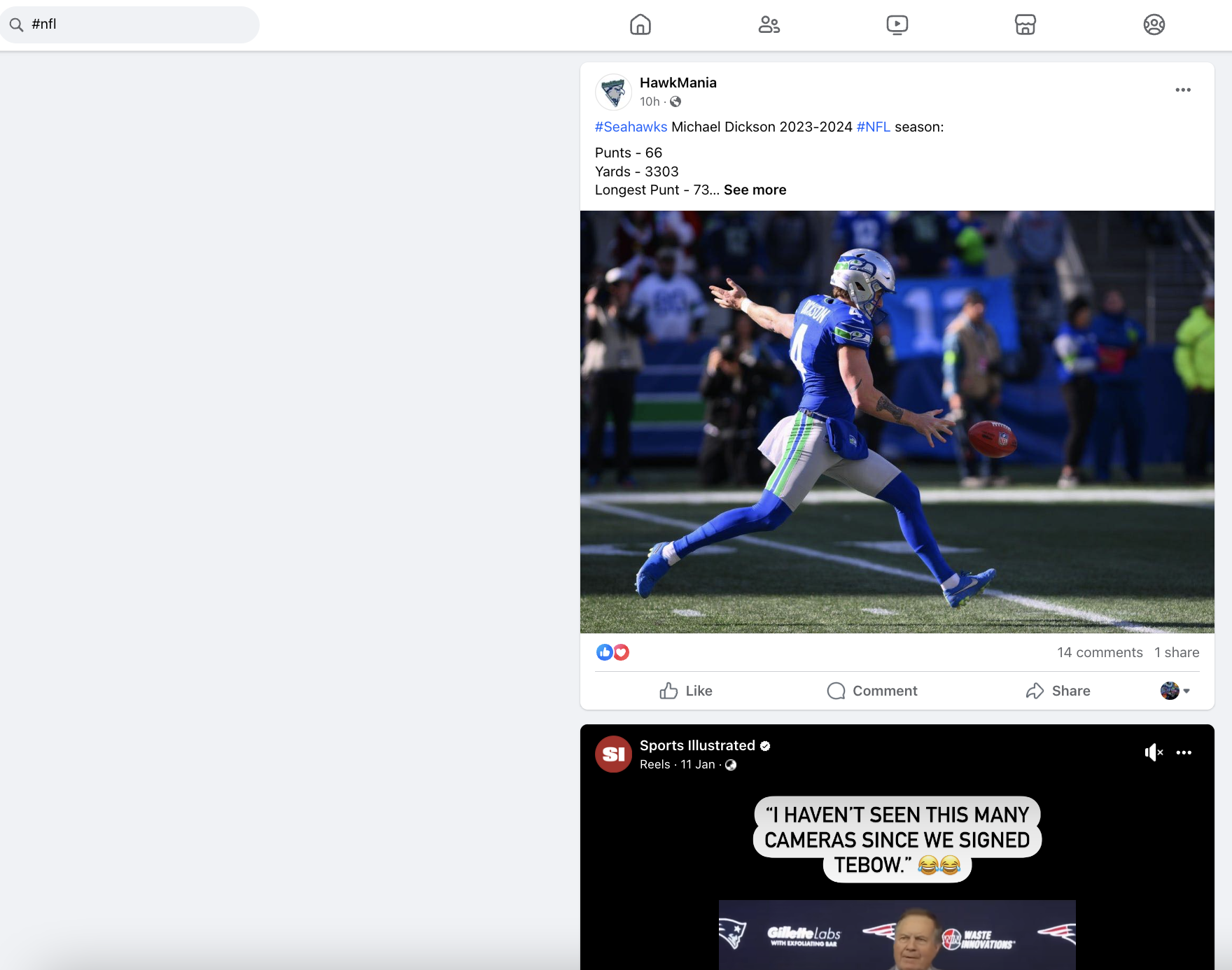 Halaman hasil pencarian Facebook untuk #nfl menampilkan postingan dari HawkMania yang berisi hashtag #nfl dan seorang pemain Seahawks tengah menendang bola