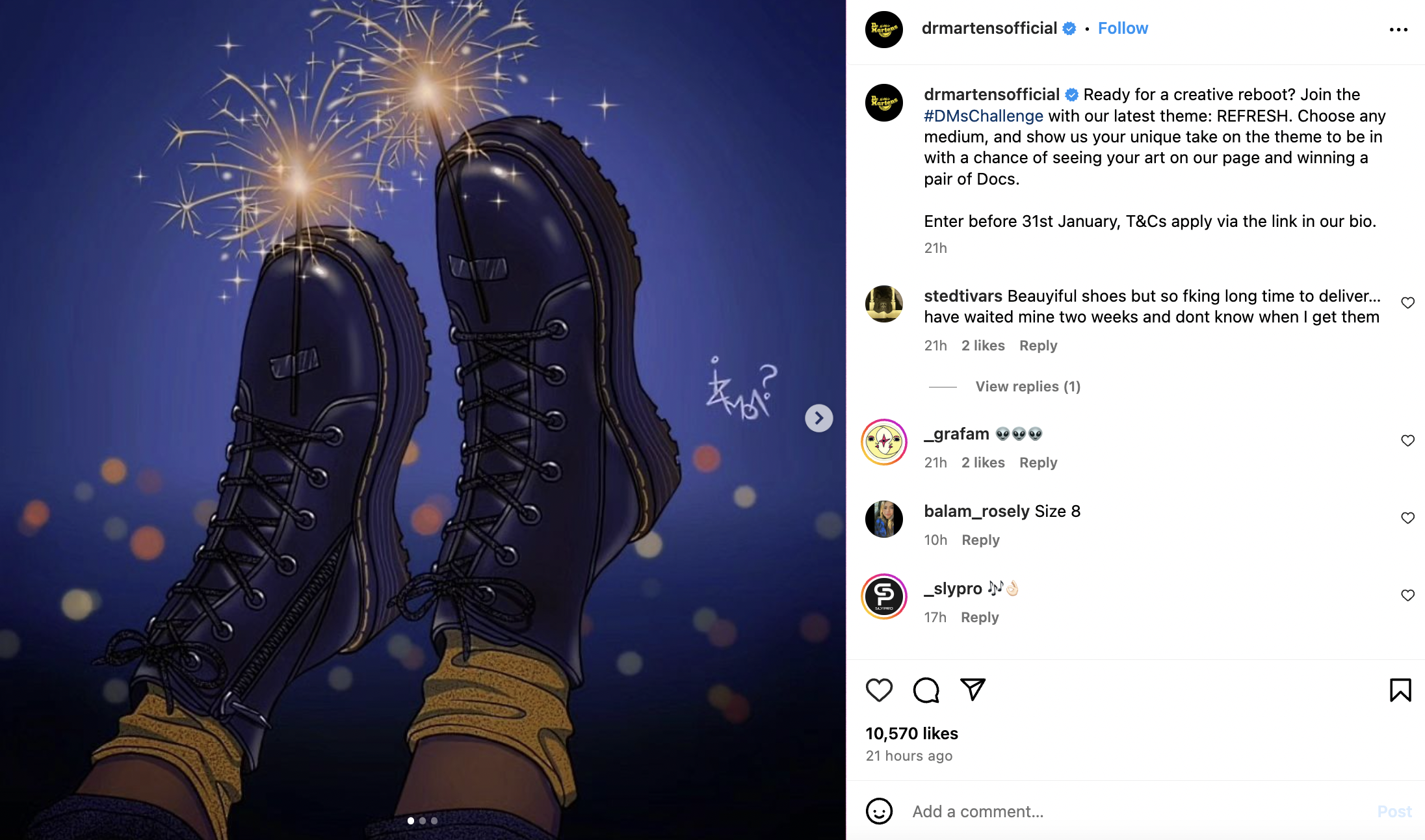 Postingan Instagram Dr Martens yang menunjukkan karya seni dari sepatu tersebut dan meminta orang untuk membagikan desainnya menggunakan tagar #DMsChallenge